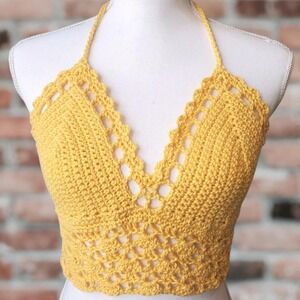 Handmade Crochet Crop Top‎ – Bold Yellow V-Pattern